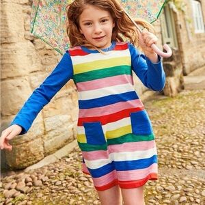 Mini Boden Colorful Rainbow Striped Kids Shirt Dress with Blue Sleeves
